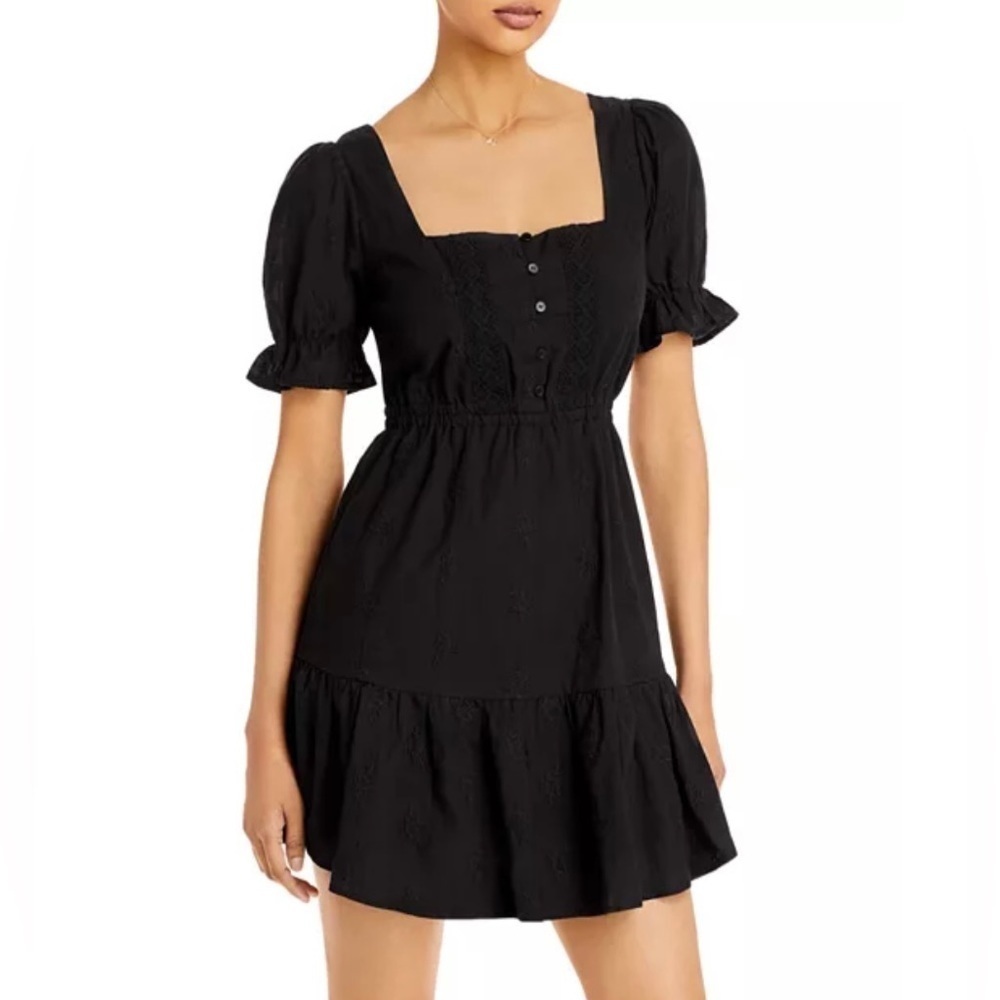 Aqua For Bloomingdale’s Black Ruffle Embroidered Mini Dress Size M New W/ Tag